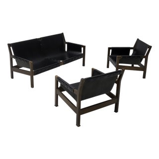 Brutalist Castilian Sofa and Lounge Chairs attributed to Paco Muñoz for Darro, 1960s, Set of 3 For Sale