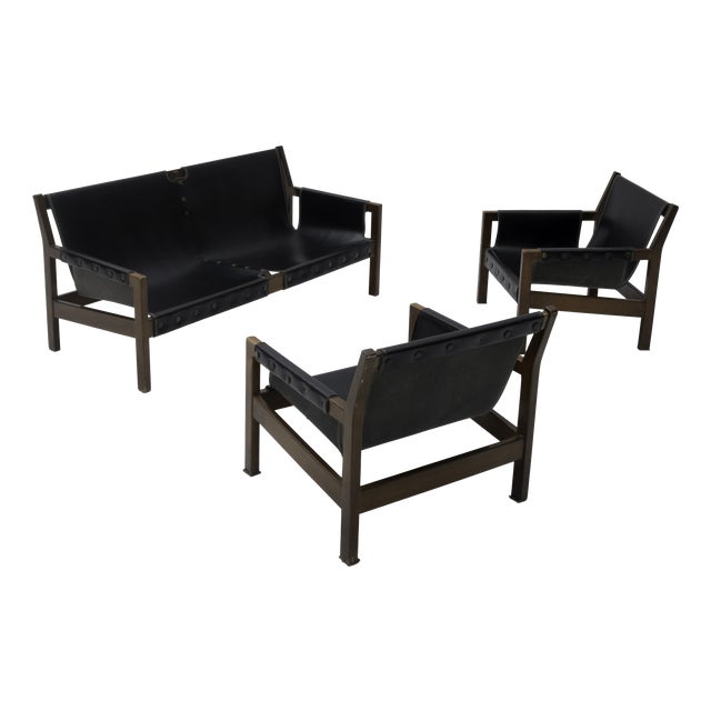 Brutalist Castilian Sofa and Lounge Chairs attributed to Paco Muñoz for Darro, 1960s, Set of 3 For Sale