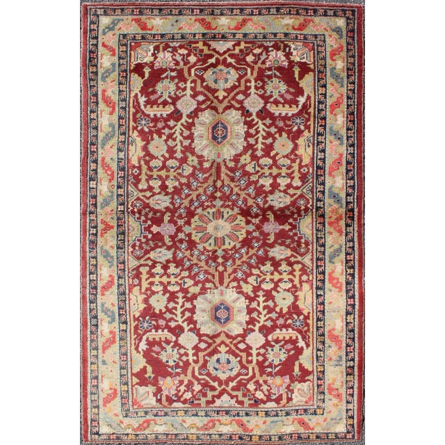 Textile Vintage Turkish Oushak Rug in Deep Crimson, Soft Gold, and Pale Blue With Floral For Sale - Image 7 of 7