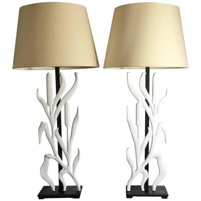Elegant pair of table lamps made of cast iron cat tail motif hand-painted in flat white, professionally mounted on a...