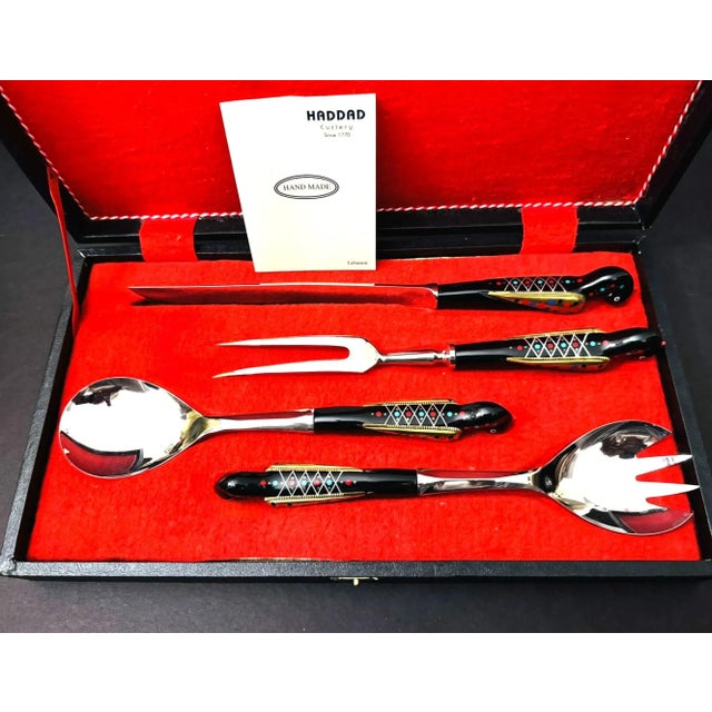 Mid-Century Modern New Late 20th Century S&s Haddad Family Authentic Jezzine Meat/Salad Serving Sets in Original Box With Coral & Turquoise Inlay- 5 Pieces For Sale - Image 3 of 10