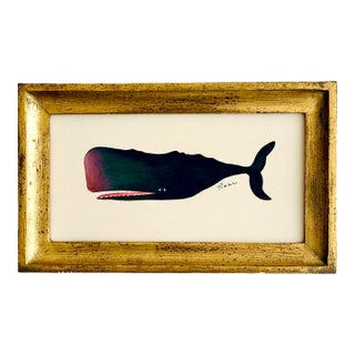 Original Hand-Painted Baby Whale Painting in a Vintage Italian Frame For Sale