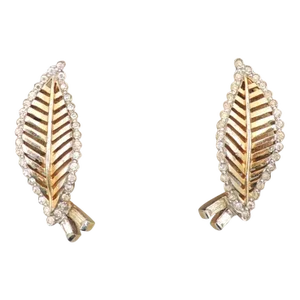 Vintage 1950s Signed Jomaz Goldtone Clear Rhinestone Leaf Clip Earrings - 2 Pieces