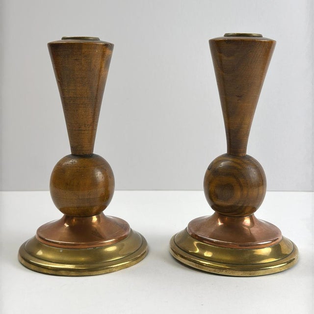 Art Deco English Candlesticks in Hand-Turned Wood, Brass and Copper, 1930s For Sale - Image 9 of 10