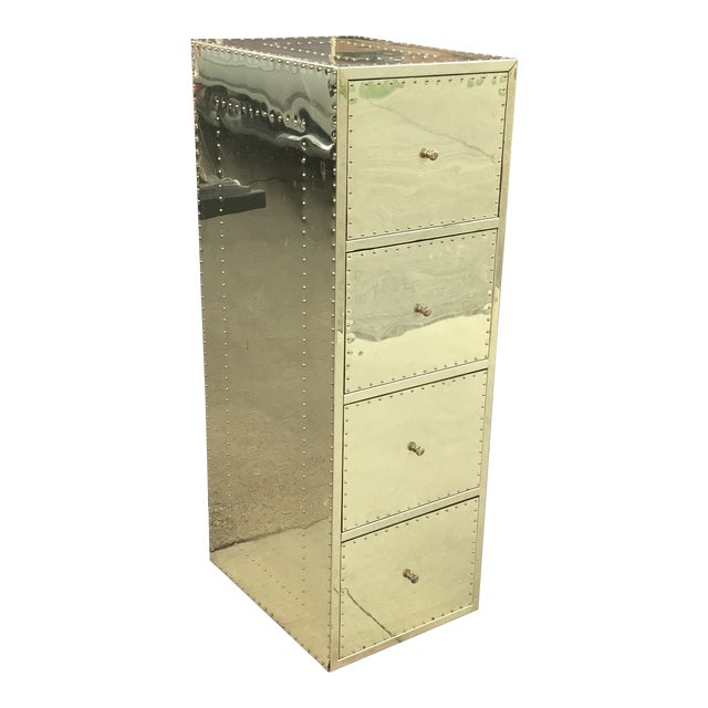 1970s Mid Century Modern Brass Studded Four Drawer Filing Cabinet