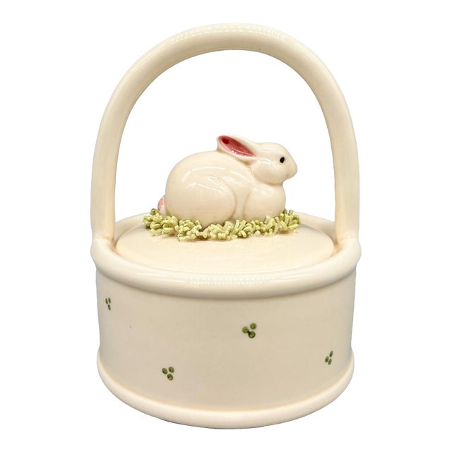1980's Vintage Fitz & Floyd Ceramic Bunny Basket — Spring/ Easter Trinket Box For Sale