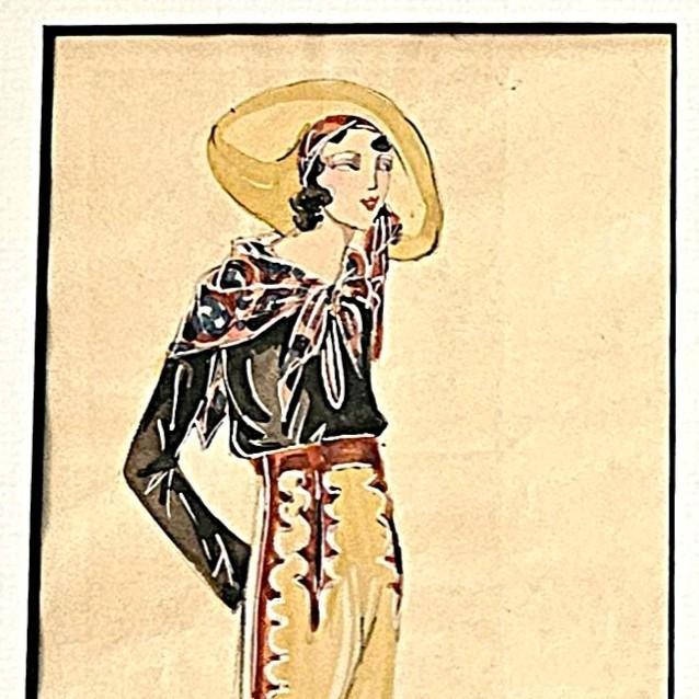 1933 Pair-Original French Watercolor Fashion Drawings-American West Cowgirl, Matted For Sale - Image 4 of 7