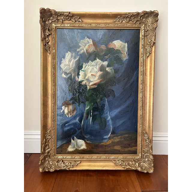 Traditional Mid 20th Century Vase of Roses on Blue Painting, Framed For Sale - Image 3 of 4