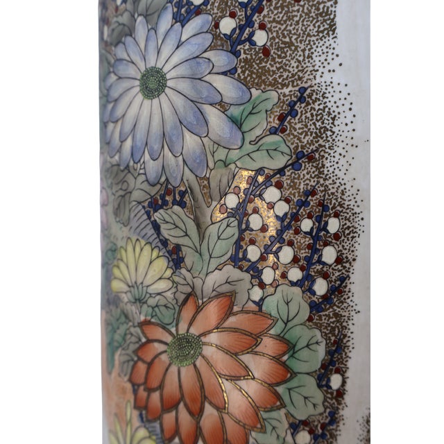 Vintage Macau Hand-Painted Porcelain Umbrella Stand With Floral Garden, Raised Enamels & Gilt Detail For Sale - Image 4 of 18