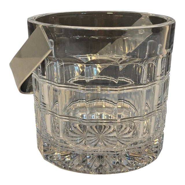 Vintage Slovenia Crystal Window Pane Pattern Ice Bucket Nickel Metal Handle For Sale