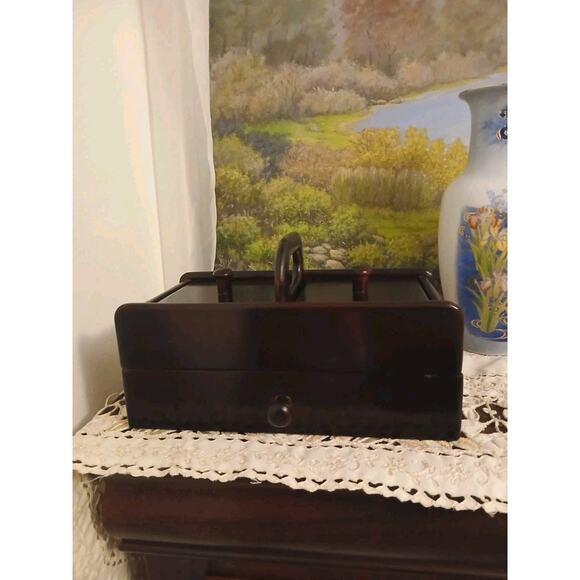 Brown The Bombay Company Wood Sewing Box Jewelry Organizer Desk Drawer Top Handle Vintage For Sale - Image 8 of 16