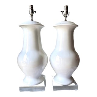 Festoni Italian White Ceramic Lamps-Lucite Bases-a Pair For Sale