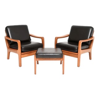 Vintage Danish Teak and Leather Armchairs with Ottoman by Juul Kristensen, 1960, Set of 3 For Sale