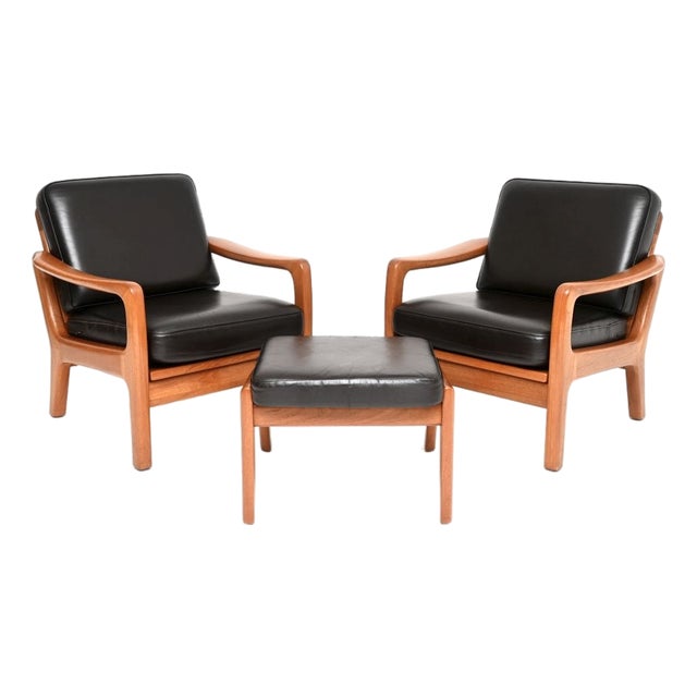 Vintage Danish Teak and Leather Armchairs with Ottoman by Juul Kristensen, 1960, Set of 3 For Sale