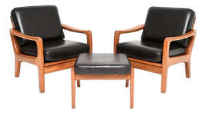Vintage Danish Teak and Leather Armchairs with Ottoman by Juul Kristensen, 1960, Set of 3