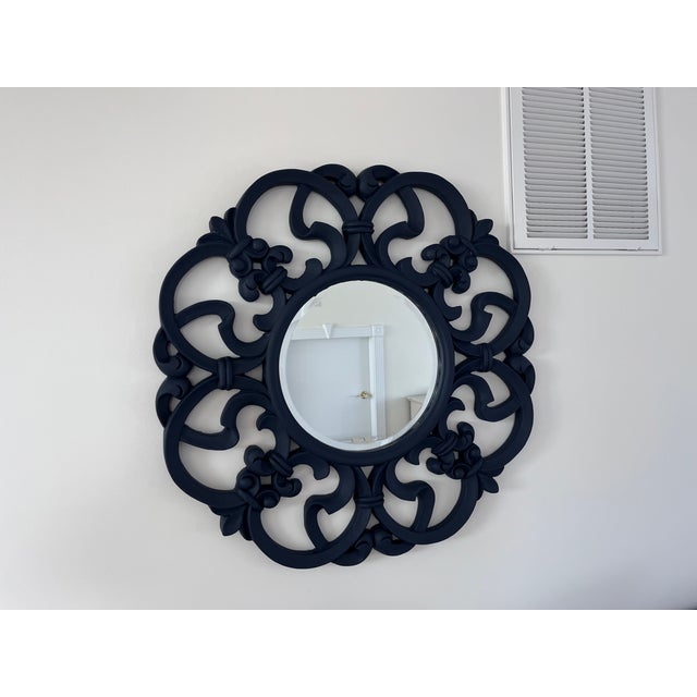 Wood Round Navy Painted Mirror With Open Swirl Cutouts For Sale - Image 7 of 9