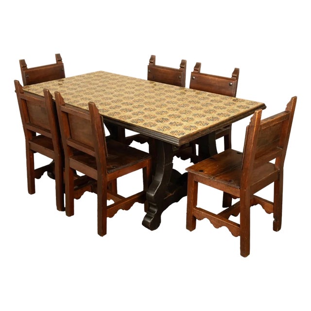 Antique Spanish Colonial Hacienda Walnut Talavera Tile Top Table Six Chairs 1890 For Sale