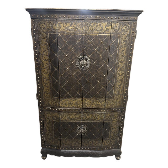 1990s Ornate Black & Gold Embossed Armoire Cabinet With Studded Details For Sale