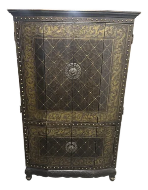 1990s Ornate Black & Gold Embossed Armoire Cabinet With Studded Details