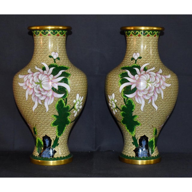 Vintage (1980's) Pair of Vases are Chinese. Cloisonne Enamel Mirrored Floral Chrysanthemum Mums. The Measurements: 5.5" x...