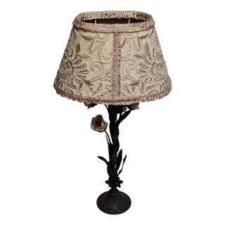 Art Deco French Table Lamp with Metal Frame, Porcelain Flowers, and Fabric Shade, 1930s For Sale