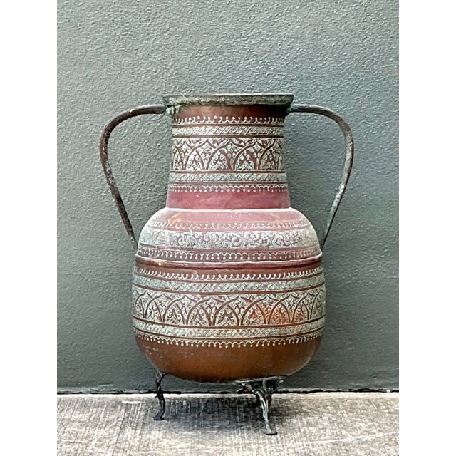 Vintage Engraved Copper Amphora Floor Vase For Sale - Image 4 of 12