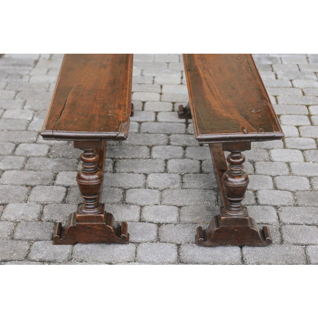 English Two English Georgian Period Walnut Benches with Turned Legs and Cross Stretcher For Sale - Image 3 of 12