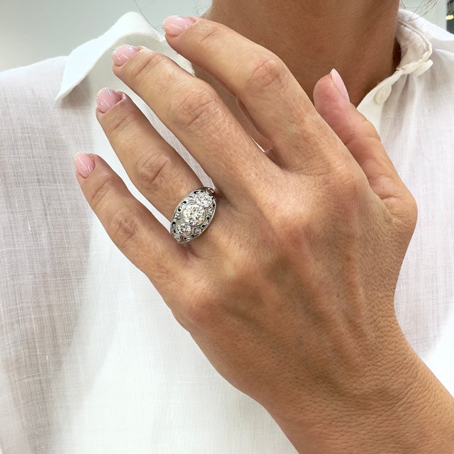 Platinum Antique Edwardian Platinum 2.34ctw Old Euro Diamond Three-Stone Engagement Ring, Size 7 For Sale - Image 8 of 8