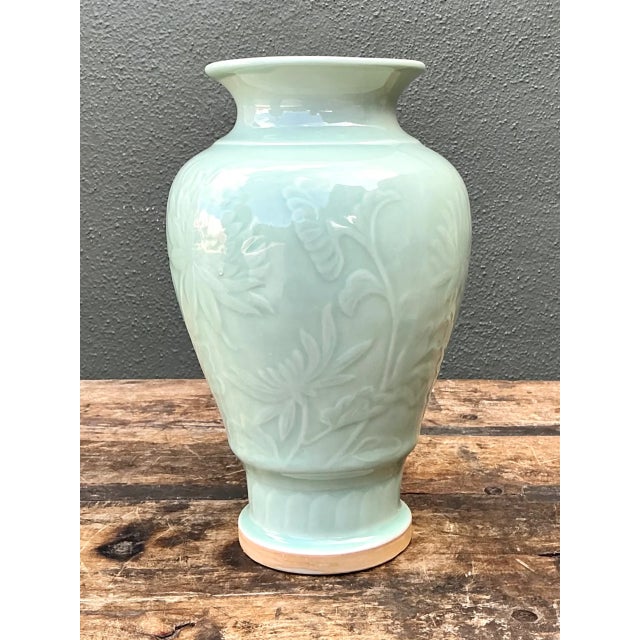 Vintage Celadon Floral Relief Ceramic Vase For Sale In West Palm - Image 6 of 12