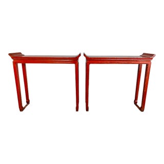 Chinese Elm Wood Red Lacquered Altar Tables or Console Tables - a Pair For Sale