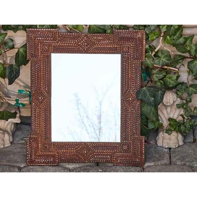 Petite French Tramp Art Mirror with Carved Geometric Frame, circa 1900 For Sale In Atlanta - Image 6 of 12