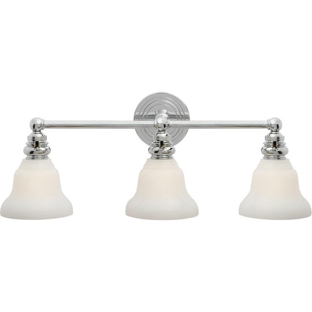 Boston Functional Triple Light in Chrome with White Glass Designer: Chapman & Myers Height: 9" Extension: 9.5" Backplate:...