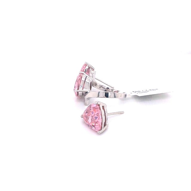 Modern 14k White Gold 12mm Trillion-Cut Pink Cz Ring & Stud Earring Set, 3 Pieces For Sale - Image 3 of 3