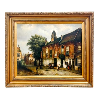 Large Scale Mid-Century Dutch Street Scene Oil on Canvas Painting After Willem Koekkoek For Sale