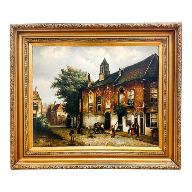 Large Scale Mid-Century Dutch Street Scene Oil on Canvas Painting After Willem Koekkoek For Sale