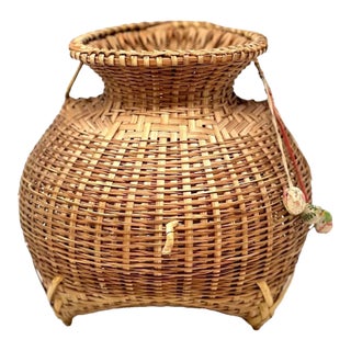 Vintage Handwoven Bamboo Fishing Basket ( Creel ) For Sale