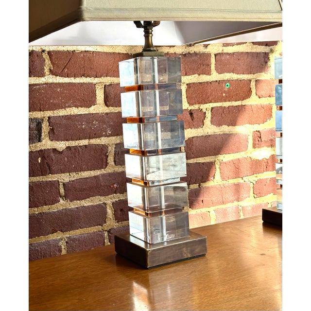 Brown Mid Century Modern Stacked Lucite & Marble Table Lamps For Sale - Image 8 of 12