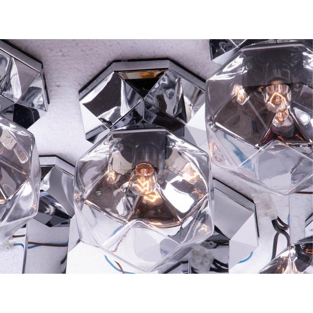 Elegant space age sputnik set of nine partially chromed handblown cubist glass shades on mirrored plastic and steel...