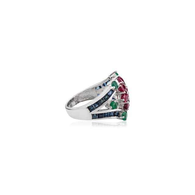 Not Yet Made - Made To Order Modern Floral Design Ruby Emerald & Blue Sapphire Cocktail Ring in 925 Silver- Size 7.5 For Sale - Image 5 of 11