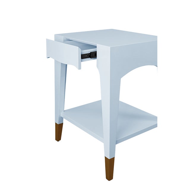 Worlds Away Matthew Izzo Home Patti Glossy Light Blue Lacquer One Drawer Side Table With Antique Brass Foot Caps For Sale - Image 4 of 6