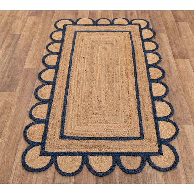 Modern 5'x8' Scallop Jute Navy Hand Made Rug, Bohemian Decor For Sale - Image 3 of 12