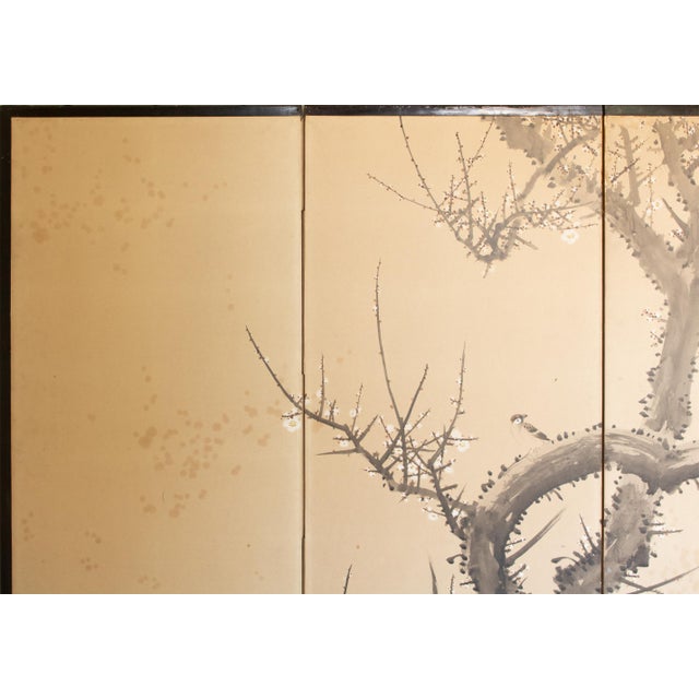 Large Taisho Japanese Byobu Screen "Sparrow and the Plum Tree" by Ryosetsu Kobe For Sale - Image 10 of 18