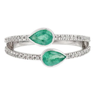 14k White Gold Double Band Ring With Pear Shape Natural Emeralds & Diamonds Size 4 For Sale
