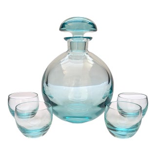 Mid 20th Century Moser Glassworks Aqua Culbuto 500-mL Decanter and Four 2-Oz Cordial/Shot Glasses, Lead-Free Crystal - Set of 5 For Sale
