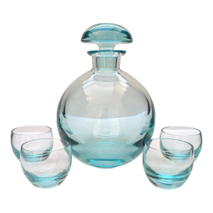Mid 20th Century Moser Glassworks Aqua Culbuto 500-mL Decanter and Four 2-Oz Cordial/Shot Glasses, Lead-Free Crystal - Set of 5