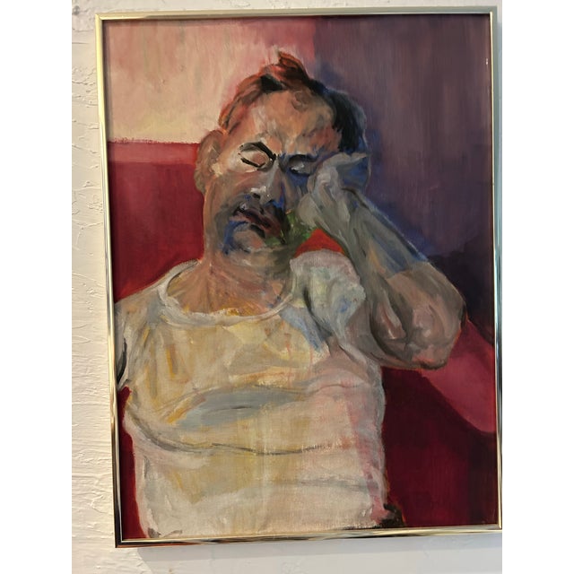 Maroon Vintage Expressionist Portrait Painting, Acrylic on Board in Brushed Metal Frame, 24” X 18” For Sale - Image 8 of 8