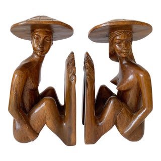 Vintage Mid-Century Modern Carved Wood Bookends of Man and Woman - Set of 2 For Sale