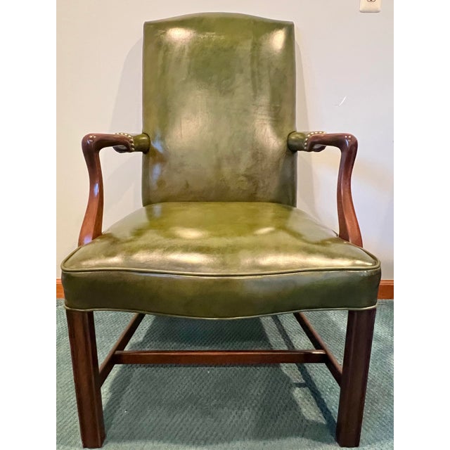 Kittinger Kittinger Green Leather Chippendale Style Gainsborough Chair For Sale - Image 4 of 10