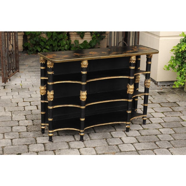 Black Early 20th Century English Ebonized Three-Tiered Shelf with Chinoiserie Decor and Gilded Accents For Sale - Image 8 of 11