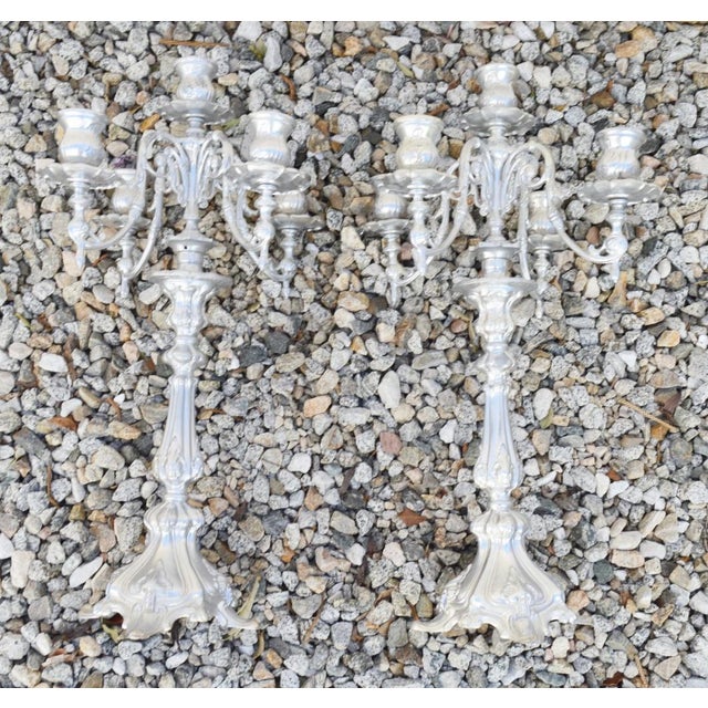 Candleholders Candelabras Pair 5 Cups Each Antique Circa 1950s Made of Pewter Silver Tone Made in Italy No Insignias For Sale - Image 4 of 12